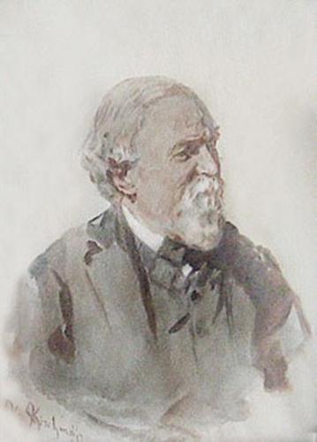 RB133. Robert Browning Aged 71. Watercolour by Cherubino Kirchmayr, Venice, ca. November 1883. Location: ABL.