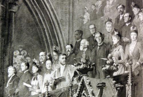 RB163. Robert Browning Aged 75. Oil painting (detail) by William Ewart Lockhart, of his “Queen Victoria’s Golden Jubilee Service, Westminster Abbey, 21 June 1887.” Location: Royal Collection.