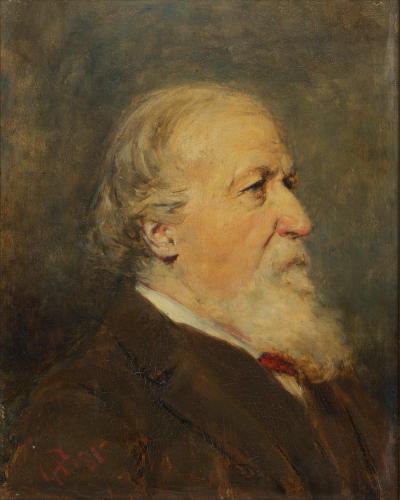 RB122. Robert Browning Aged 69. Oil painting by Harper Pennington, Venice, October 1881. Location: Williams College.