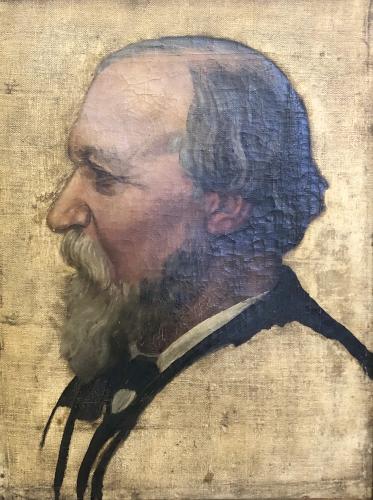 RB112.5. Robert Browning Aged 67. Oil painting by Alphonse Legros, London, ca. 1880. Location: ABL.