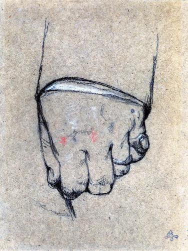 RB90. Robert Browning Aged about 63. Study of left hand by Rudolf Lehmann, 1875. Location: Meredith.