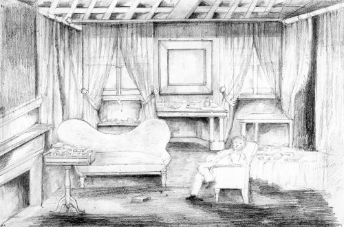 RB25. Robert Browning Aged about 47. Pencil sketch by Elizabeth Barrett Browning, Rome, ca. April 1859. Location: Berg.