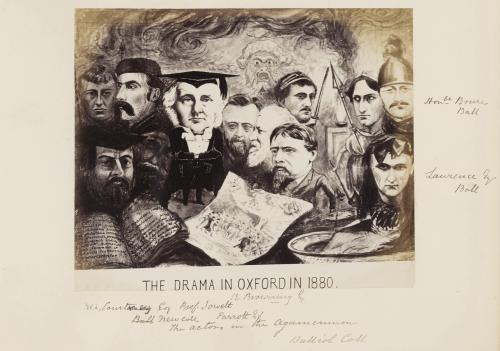 RB114.5. Robert Browning. Caricature by unidentified artist. “The Drama in Oxford in 1880.” Actors in the Agamemnon performed on 3 June 1880. Location: Bodelian.