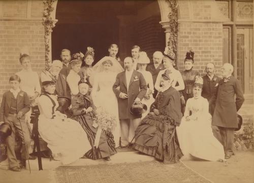 RB164. Robert Browning Aged 75. Photograph of his son's wedding party by George Glanville of Tunbridge Wells. Taken at Hawkwell Place, Pembury, Kent, 4 October 1887. Location: Eton.