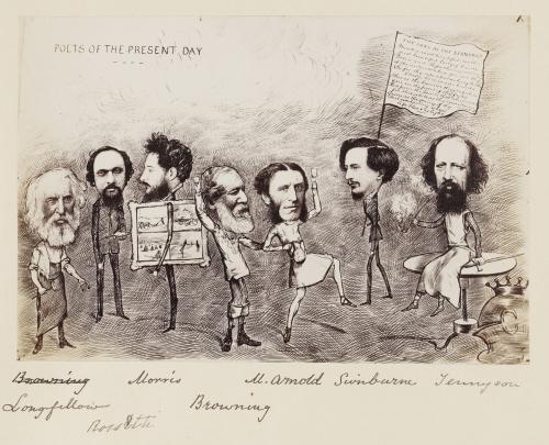 RB097.5. Robert Browning. Caricature by unidentified artist, ca. 1877. “Poets of the Present Day.” Location: Bodelian.