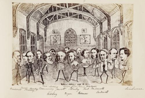 RB097.8. Robert Browning. Caricature by unidentified artist. “Opening of Balliol College Hall, 16 January 1877.” Location: Bodelian.