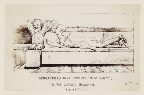 RB127.5. Robert Browning. Caricature by unidentifed artist, ca. 1882. “Dedicated (with all apology to Mr. Tadema) to the Oxford Browning Society.” Location: Bodelian.